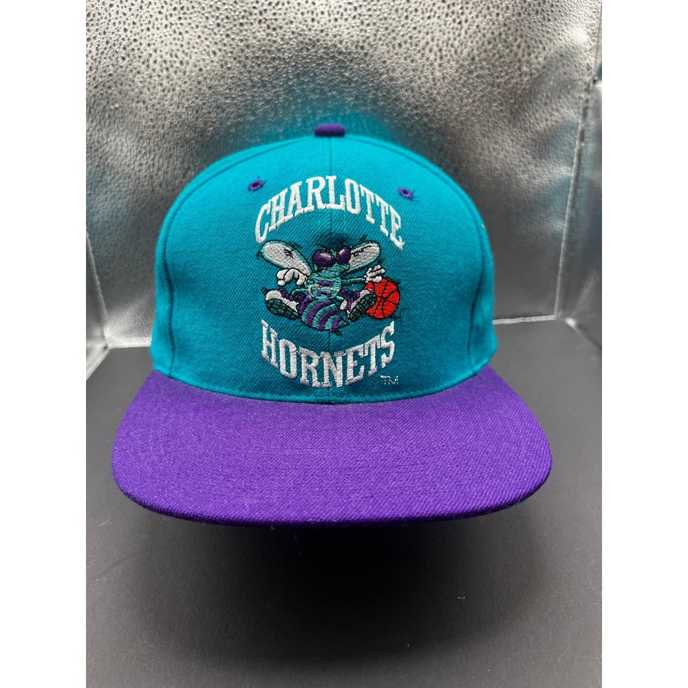 Vintage Charlotte Hornets NBA Snapback‎ Hat Grossman Cap Co Teal Purple Wool 90s